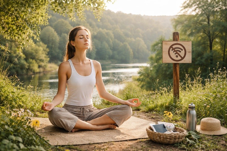 Woman practicing yoga outdoors, unplugged from digital devices, calming her mind in nature.