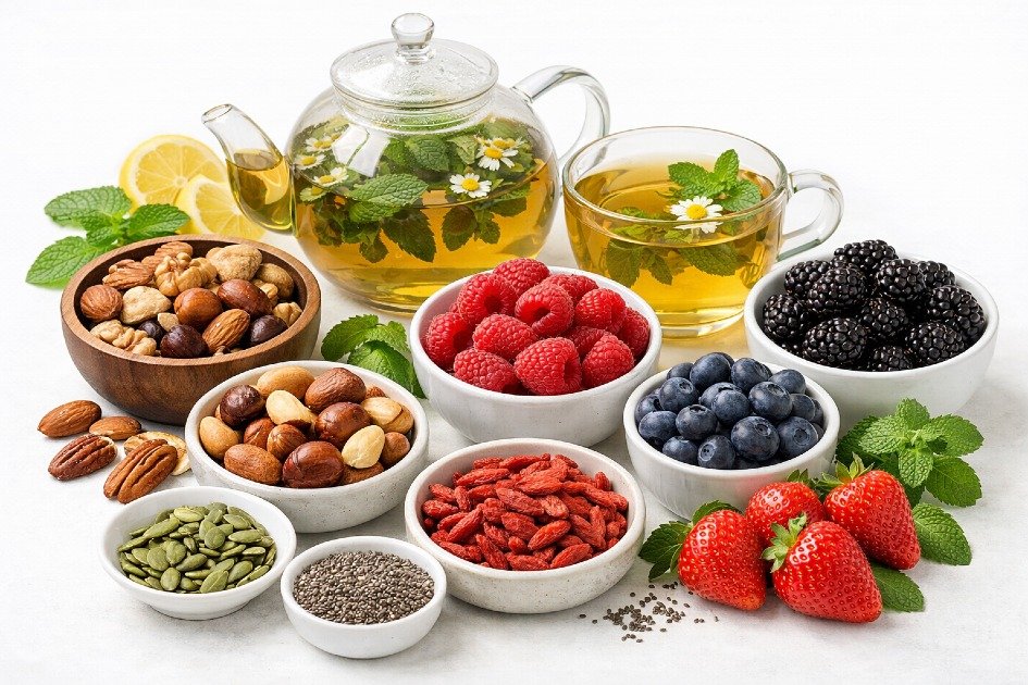 Energizing healthy foods that support fasting without breaking it, including nuts, berries, and herbal tea.