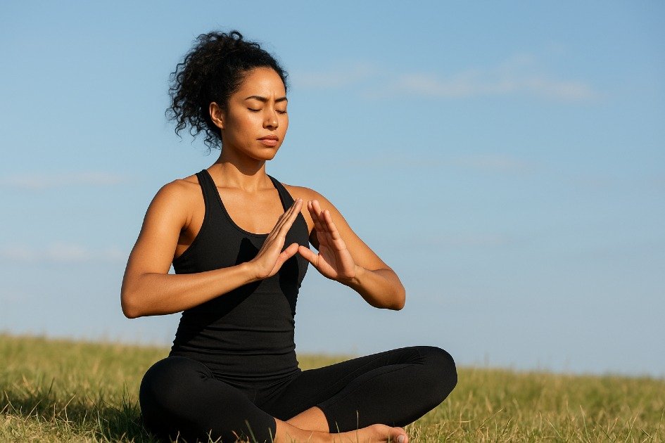 Energy-building meditation practice done outdoors to boost focus and inner strength.