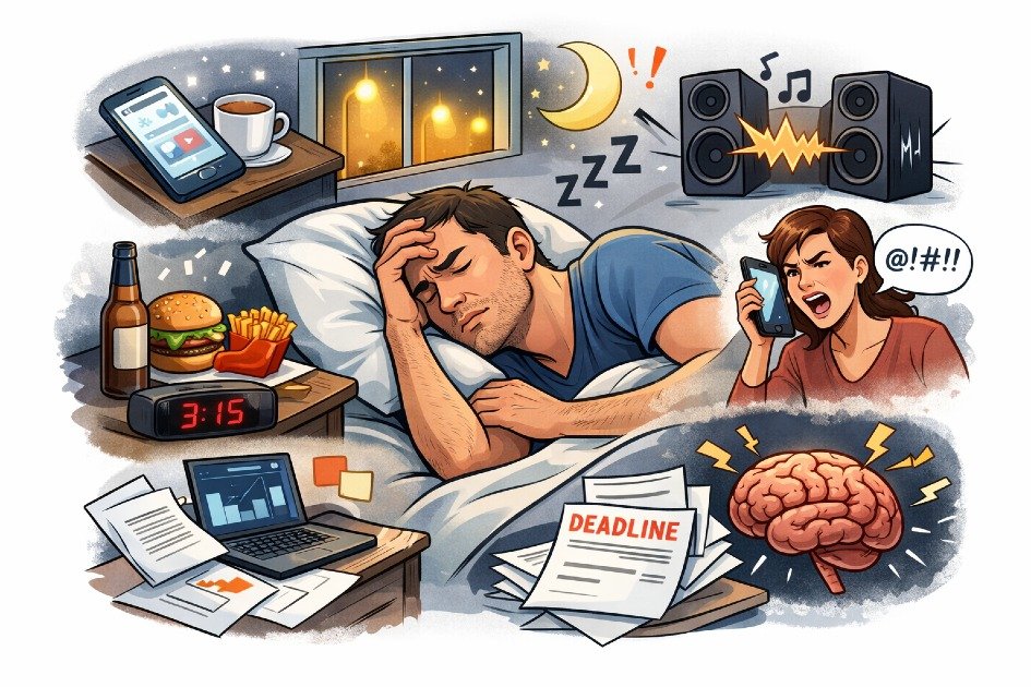Disrupted sleep caused by lifestyle choices and environmental factors like light, noise, and stress.