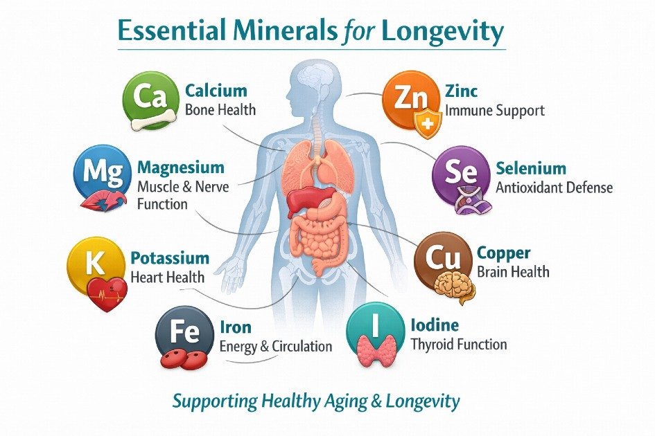 Essential minerals supporting healthy aging and longevity in the human body