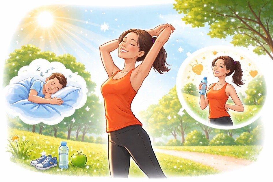 Person stretching outdoors with sunlight, illustrating how exercise boosts sleep quality and daytime energy