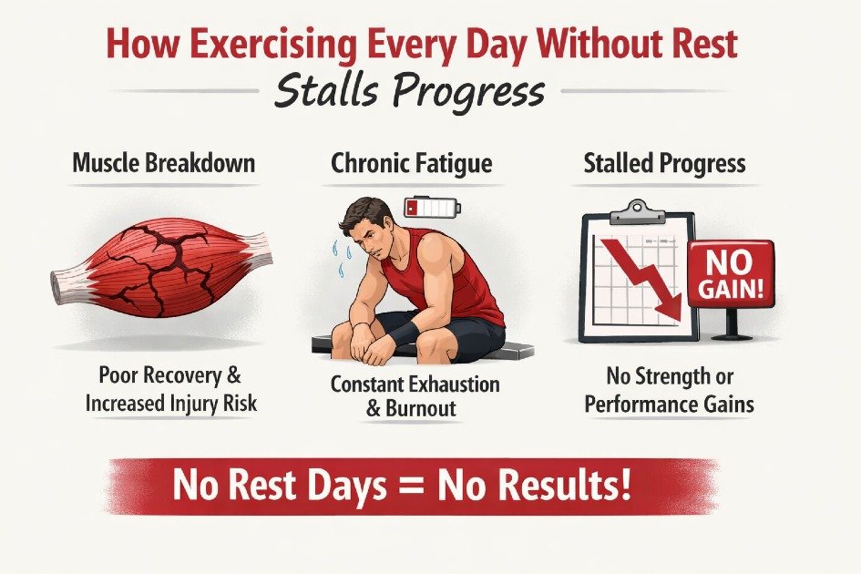 Daily workouts without rest can slow muscle recovery, increase fatigue, and stall fitness progress