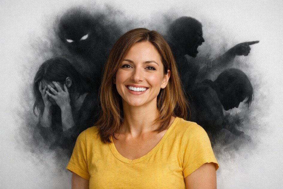 Woman smiling outwardly while dark emotional shadows linger behind, showing the hidden cost of forced positivity