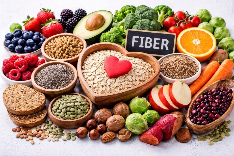 Colorful assortment of fiber-rich foods promoting longevity and heart health