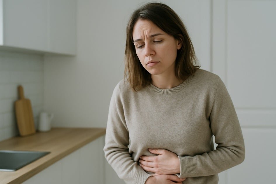Woman clutching stomach with a foggy, tired expression showing mental fatigue from gut issues