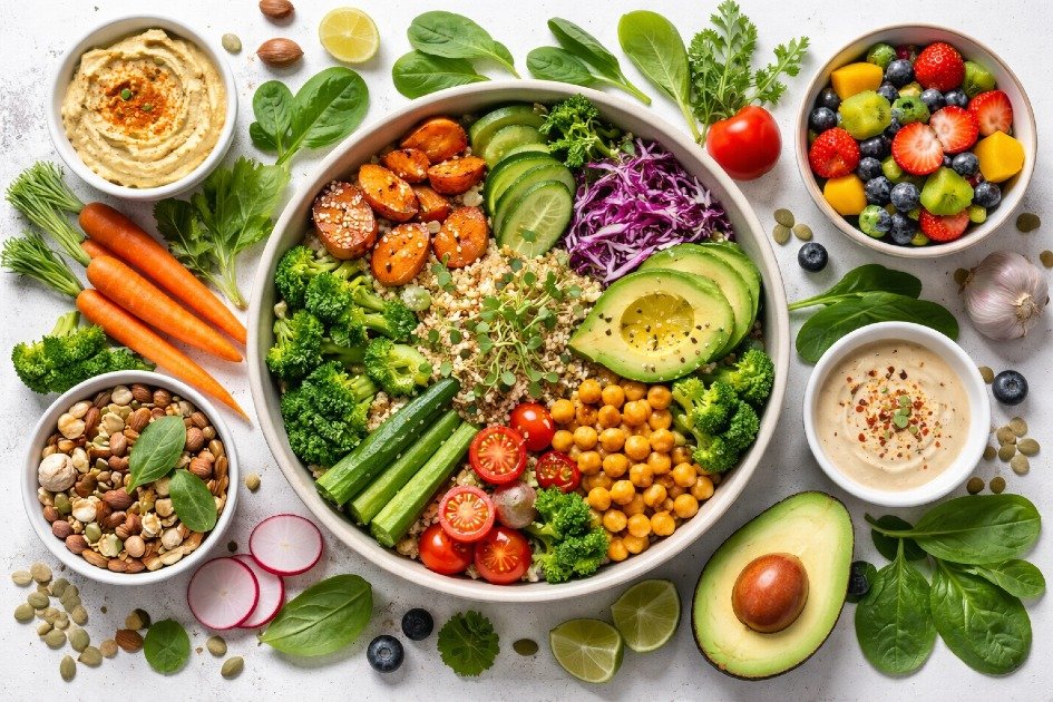 Vibrant vegan meal with fresh vegetables, fruits, and plant-based protein for healthy living