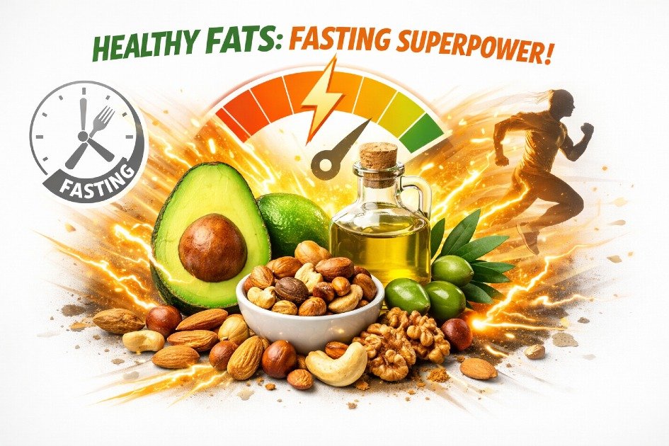 Healthy fats like avocado, nuts, and olive oil boosting energy during intermittent fasting.
