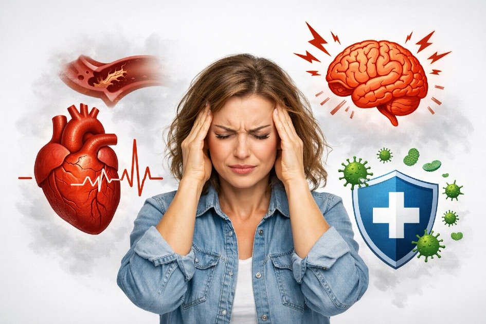 Woman holding head in stress surrounded by health risk icons representing heart, brain, and immunity.