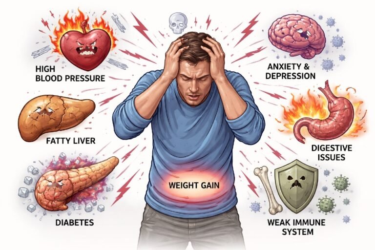 Person overwhelmed by stress with hidden health risks illustrated