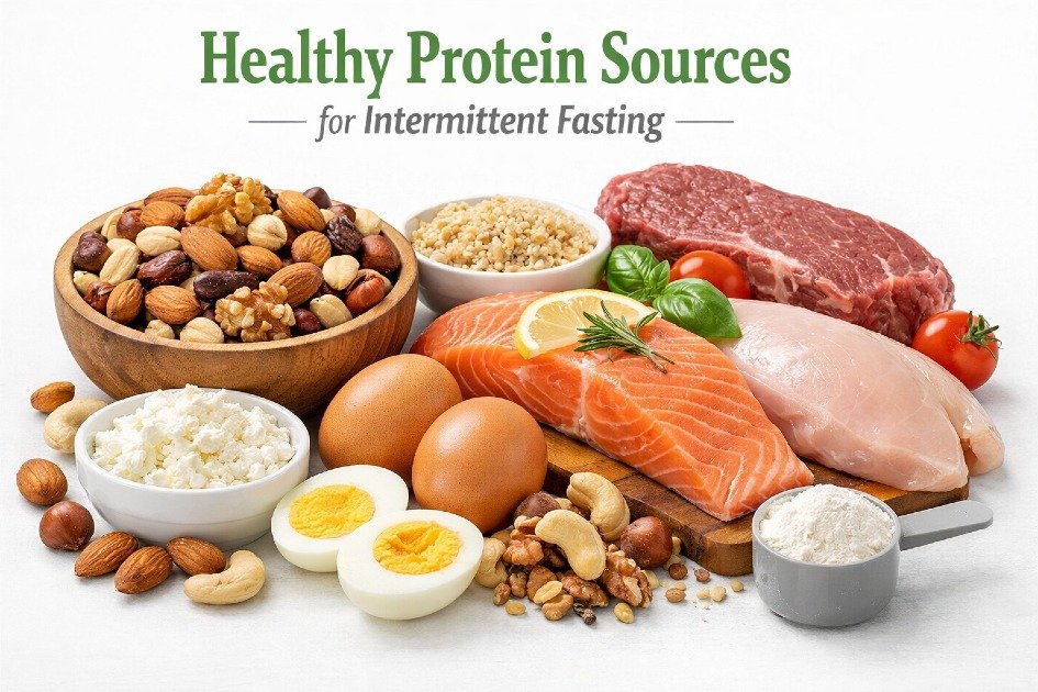 Healthy protein sources for intermittent fasting including eggs, nuts, and lean meat
