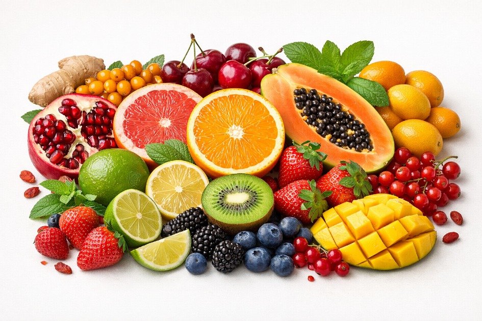 Colorful immunity-boosting fruits rich in vitamin C, antioxidants, and phytonutrients