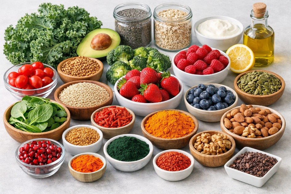 Colorful variety of superfoods like berries, kale, nuts, and seeds arranged on a kitchen counter for daily healthy meals
