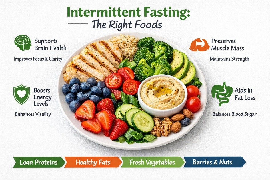 Healthy foods on a plate highlighting the impact of nutrition during intermittent fasting