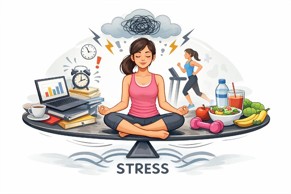 Woman balancing work, exercise, and nutrition to manage stress