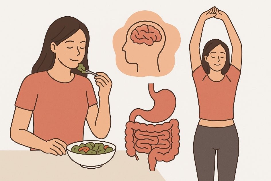 Woman practicing mindful eating and stretching, symbolizing gut and mental health balance