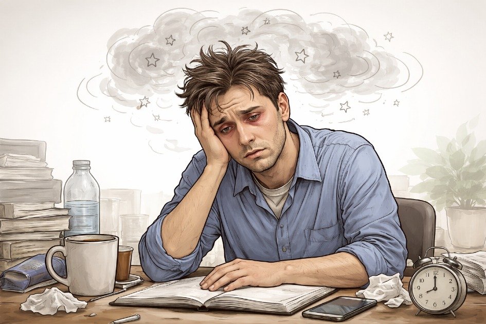 Person struggling with fatigue and brain fog due to chronic sleep deprivation