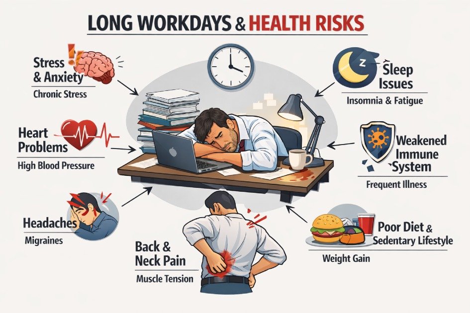 Long workday stress with a tired professional at desk, highlighting health risks of overwork