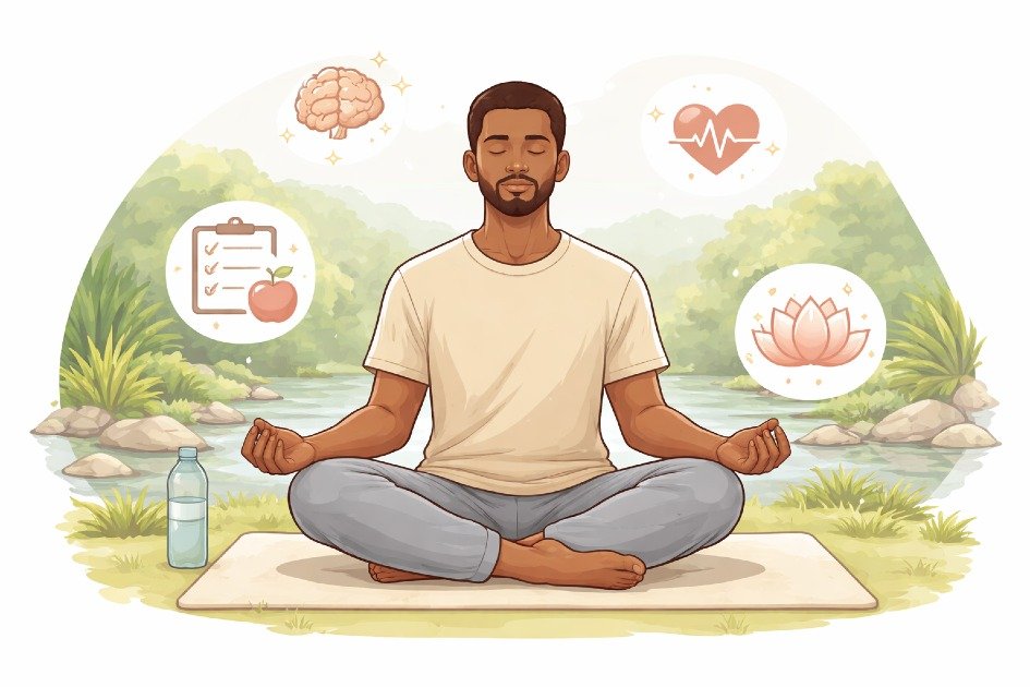 Calm and focused adult practicing mindfulness outdoors for long-term mental wellness