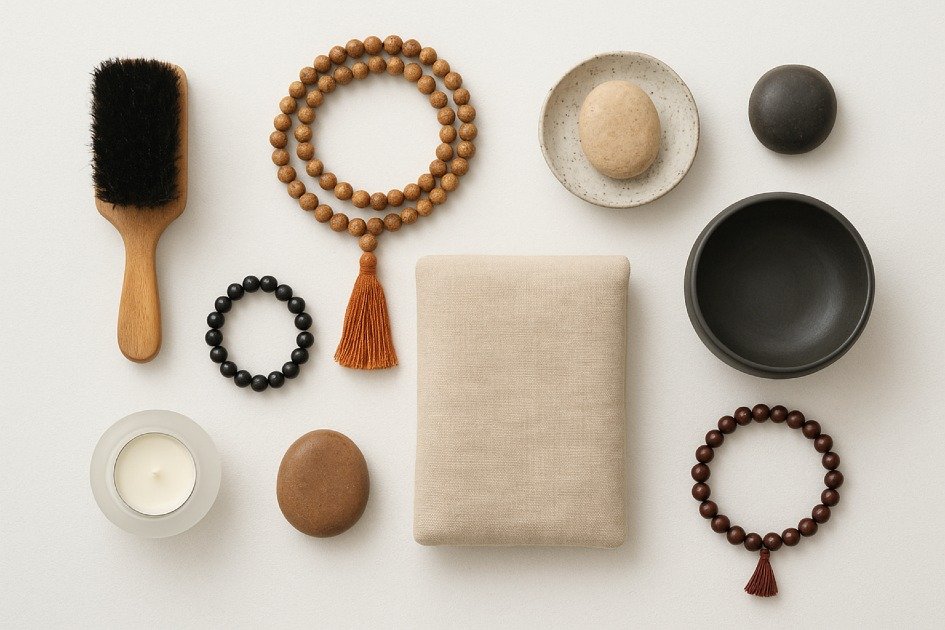 Meditation tools arranged neatly to support calm focus and inner strength