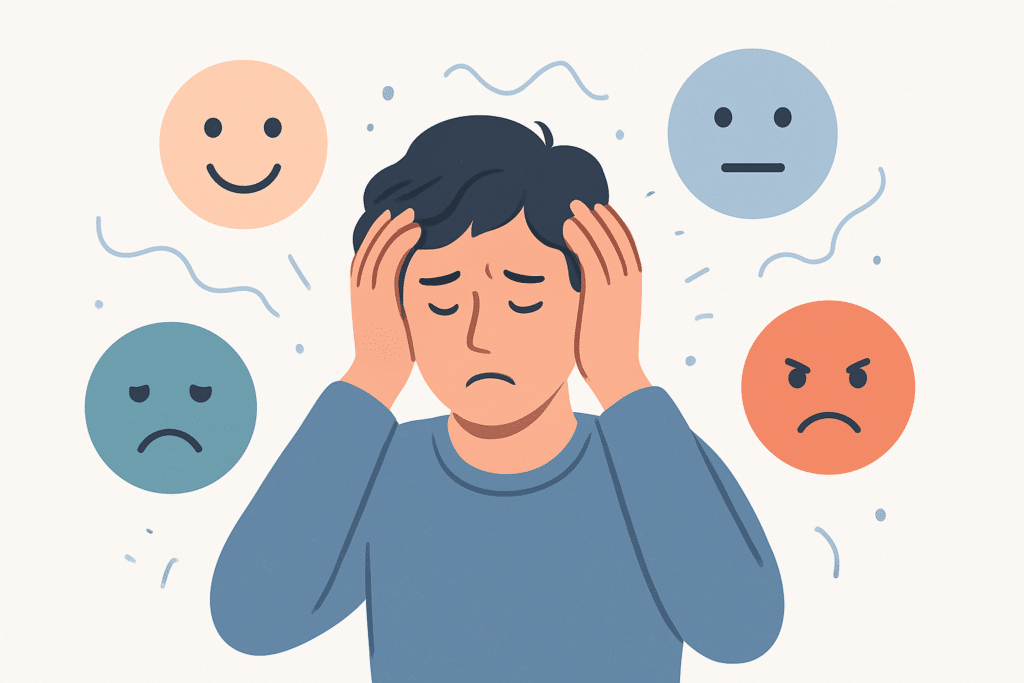 Person holding head with abstract mood icons illustrating mental health and emotional balance.