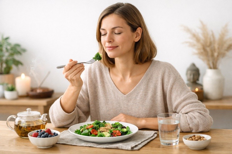 Woman practicing mindful eating at a calm table, reducing stress and burnout naturally