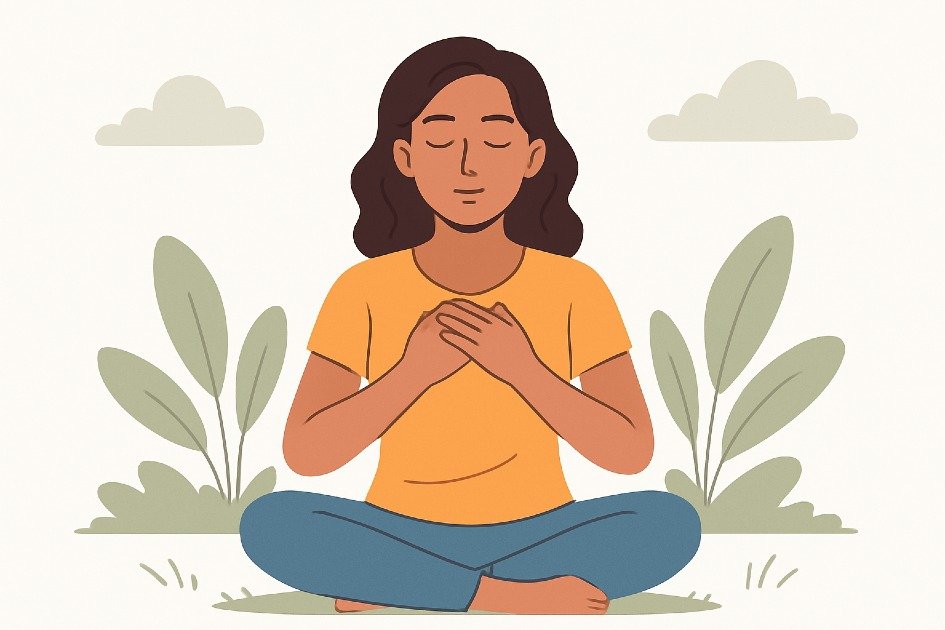 Mindful woman practicing calm breathing outdoors to build emotional strength