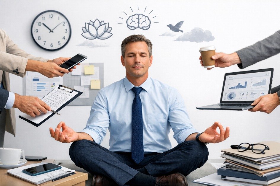 Busy professional practicing mindfulness to reduce stress and boost focus