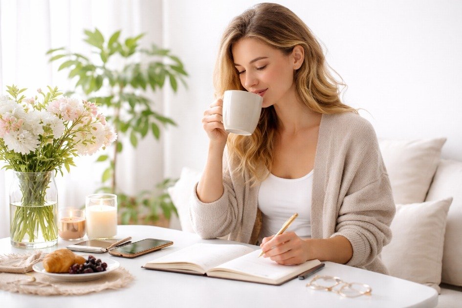 Woman enjoying a calm morning routine with coffee and journaling for a stress-free day