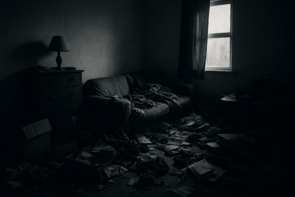 Cluttered room with dark shadows symbolizing negative energy buildup in living spaces
