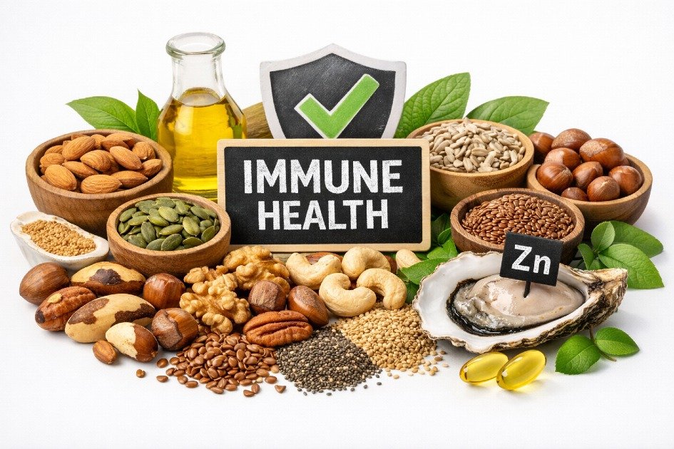 Nuts and seeds rich in zinc, vitamin E, and healthy fats supporting immune system health