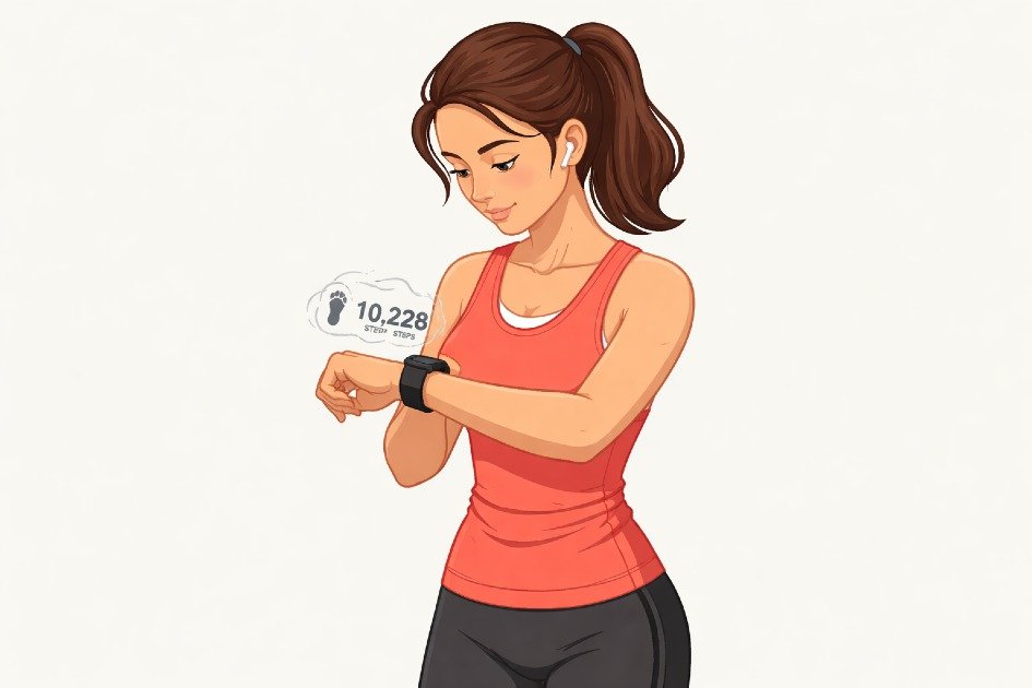 Person checking step count on a fitness tracker while standing still, highlighting how obsessive step tracking may affect movement quality