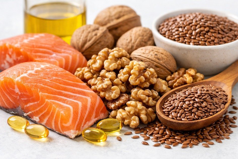 Close-up of salmon, walnuts, and flax seeds rich in omega-3 fatty acids for longevity