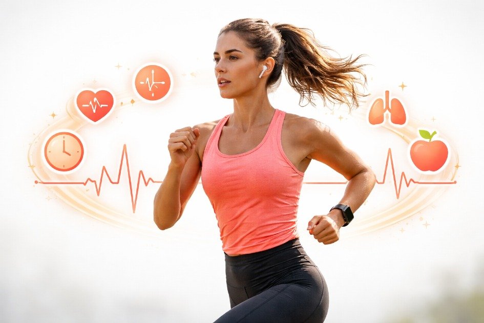 Woman running outdoors with focus and intensity, symbolizing optimal cardio frequency for health benefits.