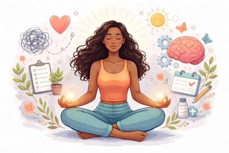 Woman finding peace and strength while managing mental health challenges