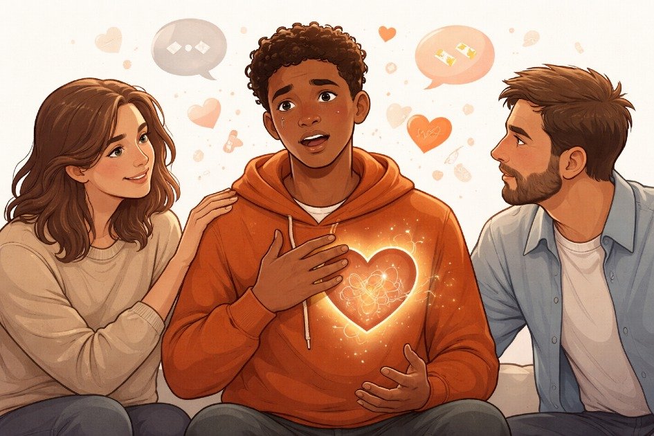 Person opening up and sharing feelings, symbolizing overcoming stigma and embracing vulnerability.