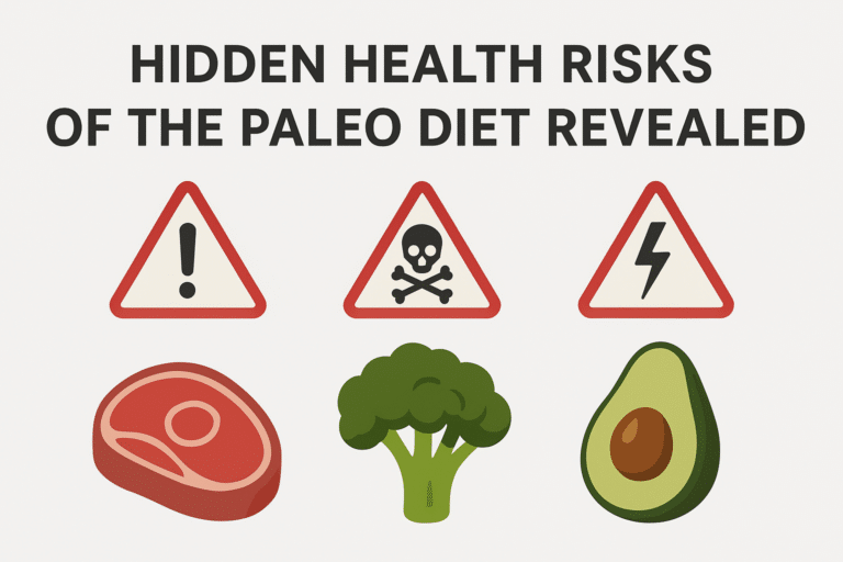 Hidden health risks of the Paleo diet revealed with cautionary icons and food imagery