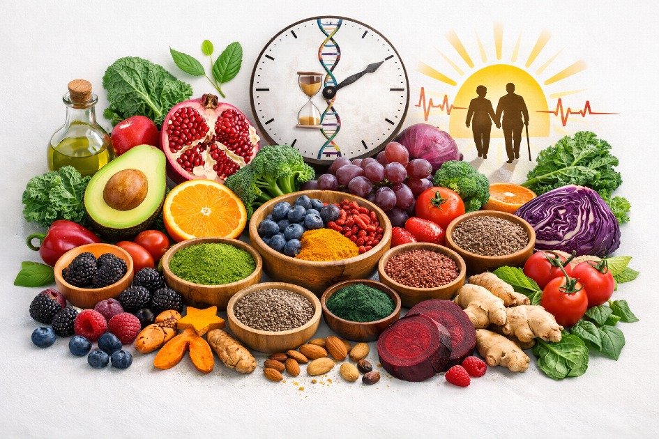 Colorful superfoods and phytonutrient-rich fruits and vegetables promoting longevity and healthy lifespan