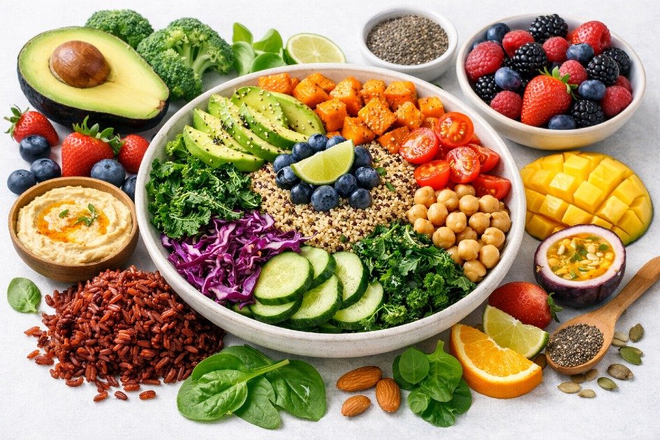 Vibrant vegan meal with fresh vegetables, grains, and fruits fueling a healthy lifestyle.