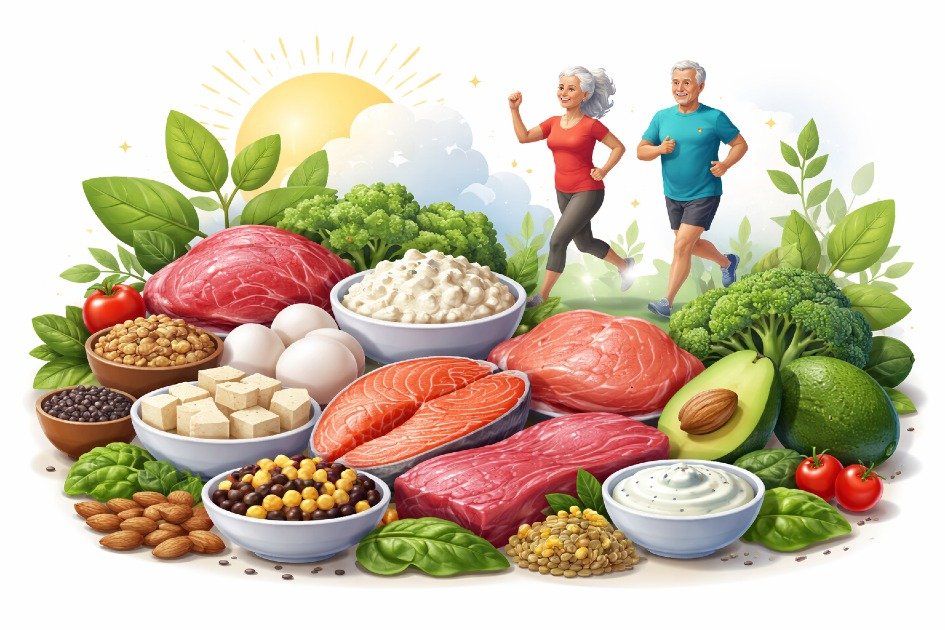 Healthy foods rich in protein promoting longevity and vibrant life