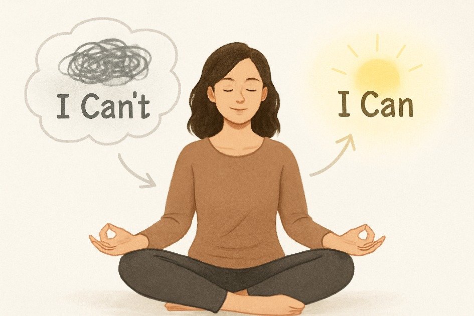 Calm woman meditating with soft light while gently reframing negative thoughts into positive energy.