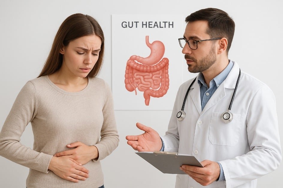 Woman consulting doctor for gut health concerns