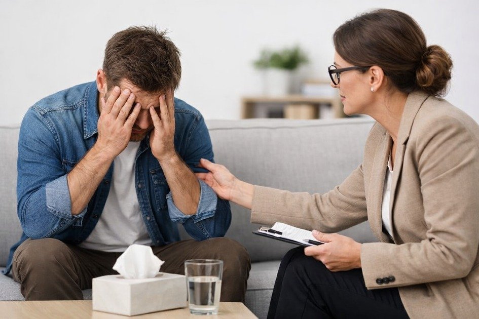 Person overwhelmed by stress seeking professional support