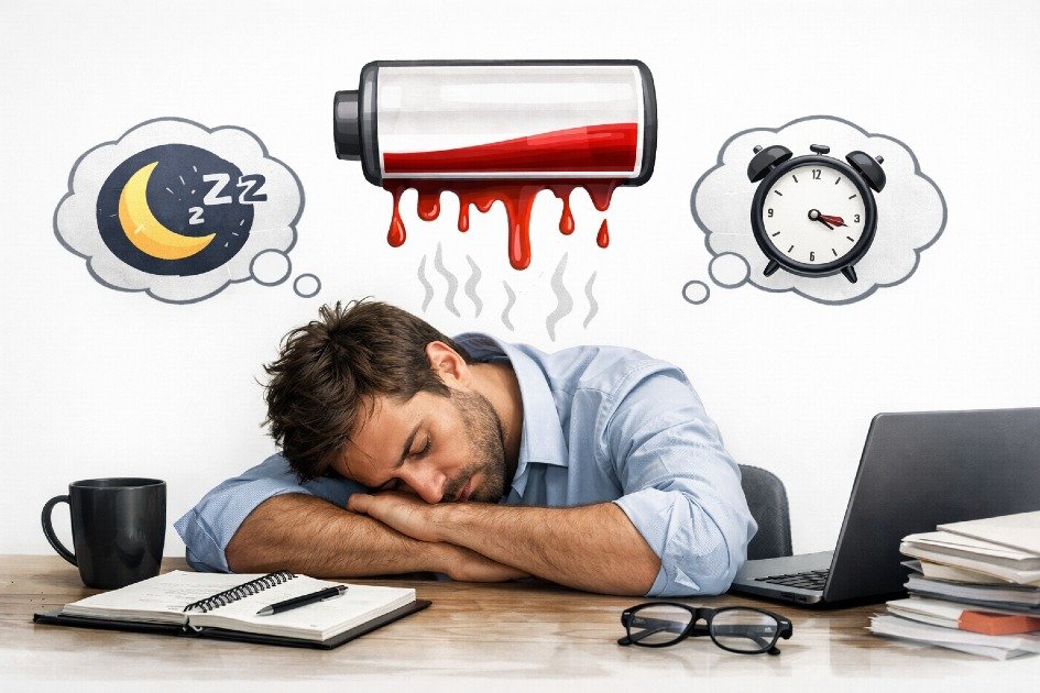Man exhausted at desk due to poor sleep draining energy
