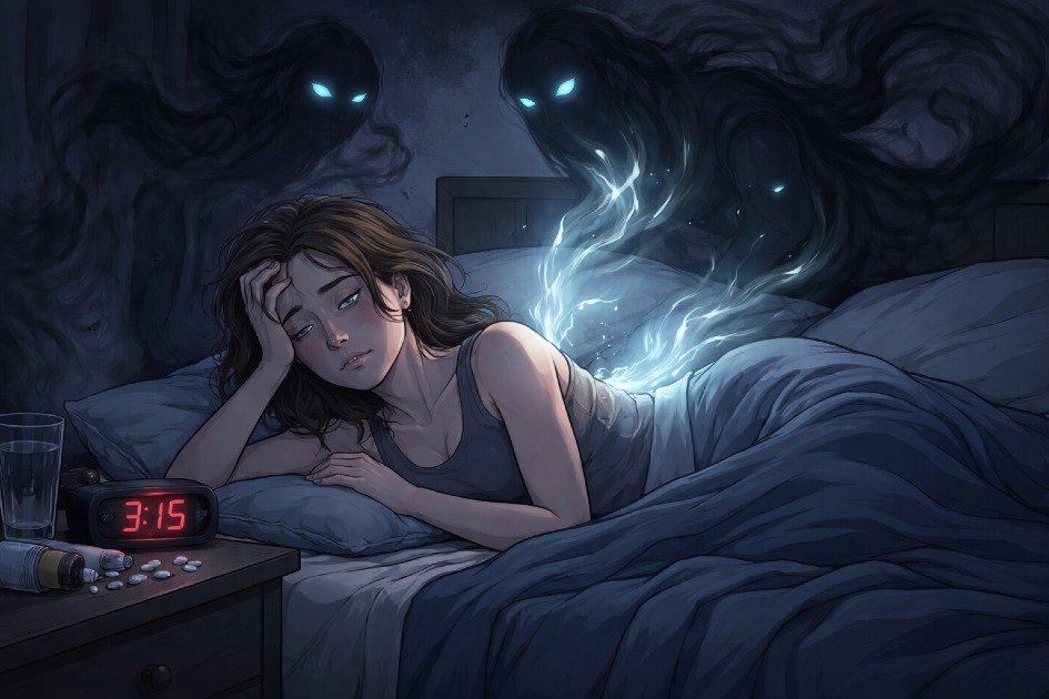 Woman awake at night, struggling with insomnia, symbolizing sleep disorders that drain energy.