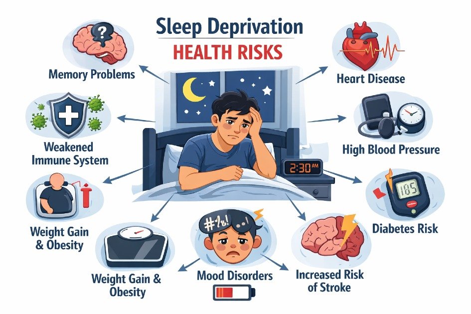 Person struggling to sleep at night highlighting the health risks of sleep deprivation