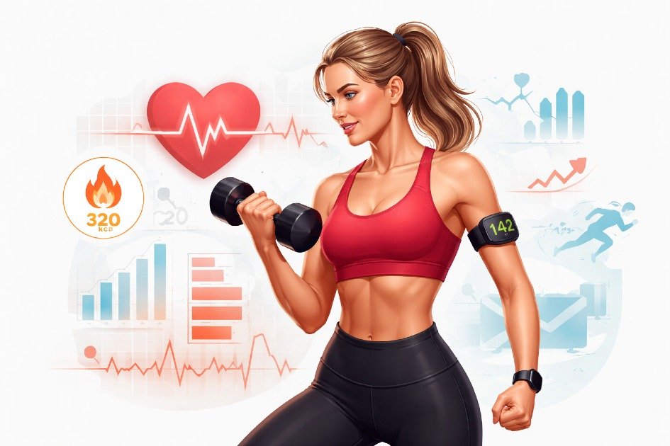 Woman lifting weights with a heart rate monitor, boosting cardio efficiency