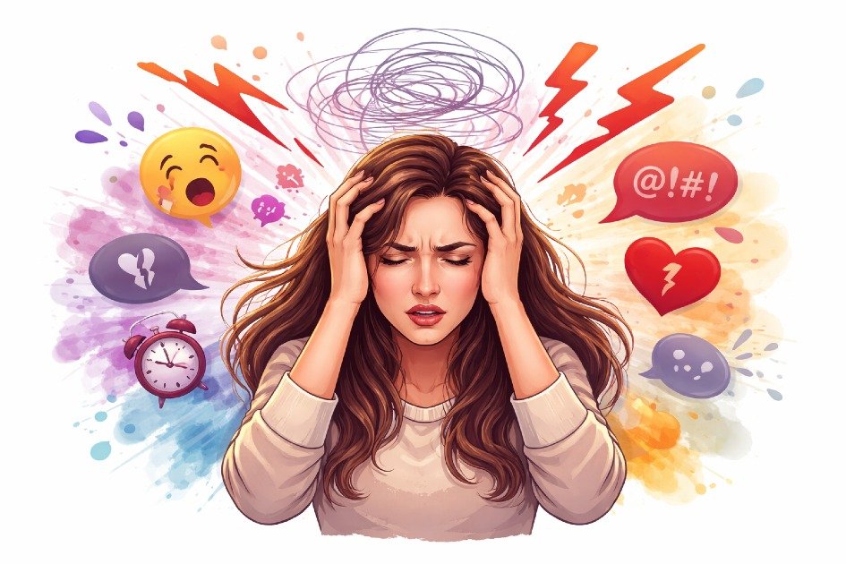 Stressed woman overwhelmed by anxiety and emotional triggers with abstract colorful background