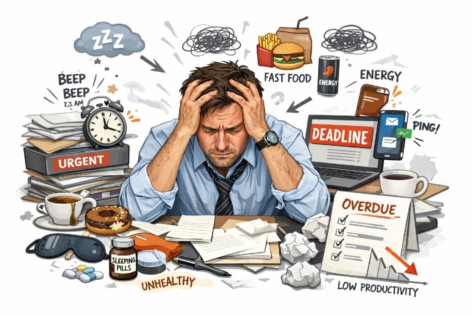 Stressed professional overwhelmed by tasks, showing impact of stress on daily habits and productivity.