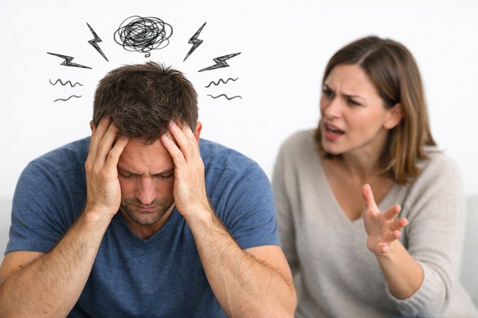 Person overwhelmed by stress while interacting with partner, highlighting how stress can be influenced by relationships.